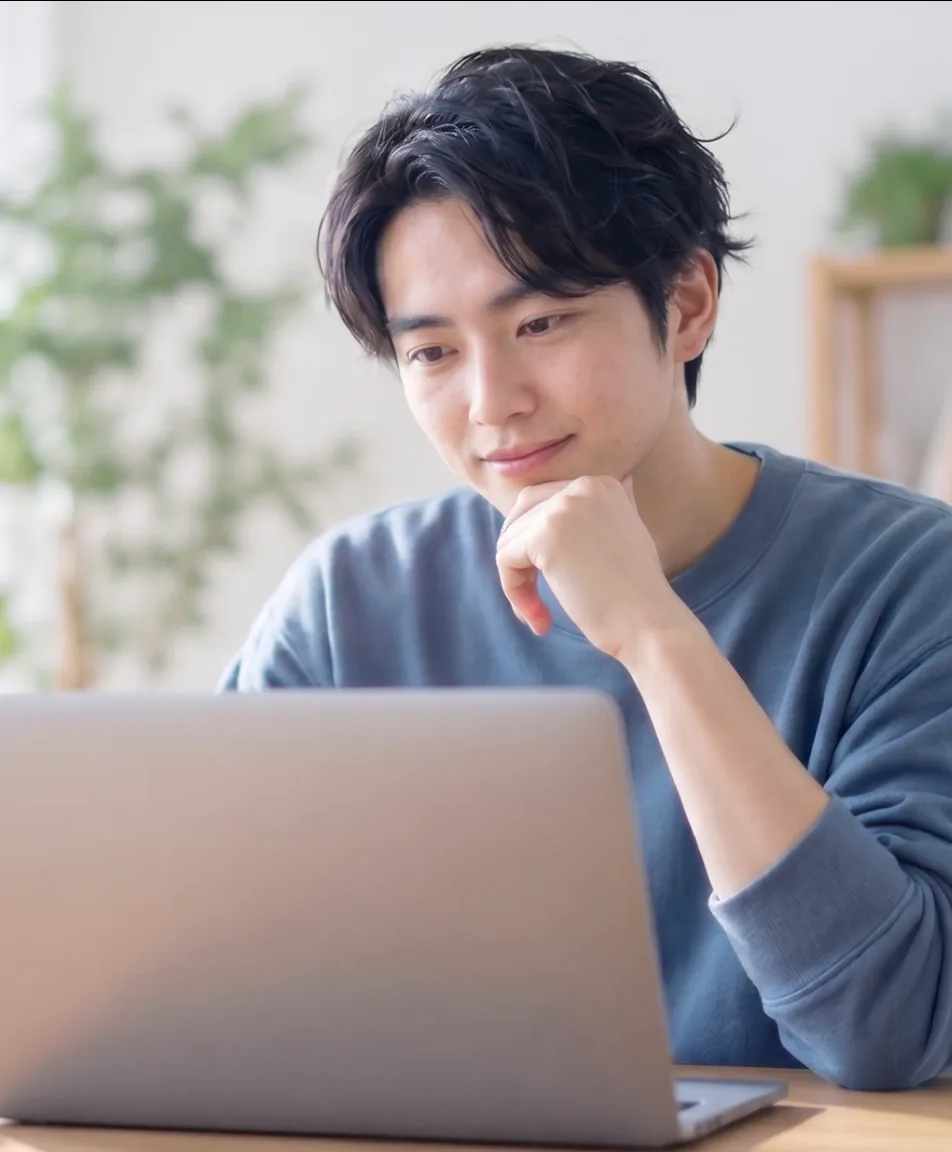 ノートパソコンに向かって考える男性