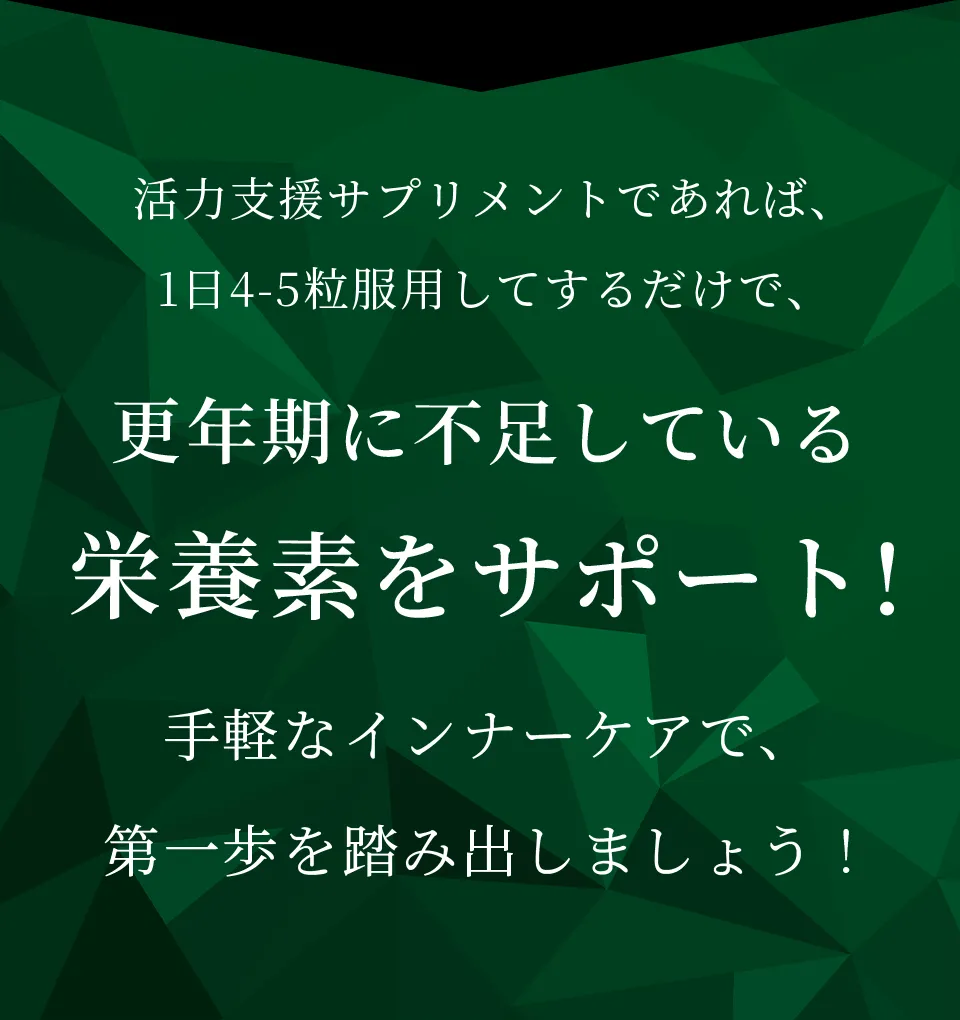 活力支援サプリメントであれば、1日4-5粒服用してするだけで、更年期に不足している栄養素をサポート!手軽なインナーケアで、第一歩を踏み出しましょう！