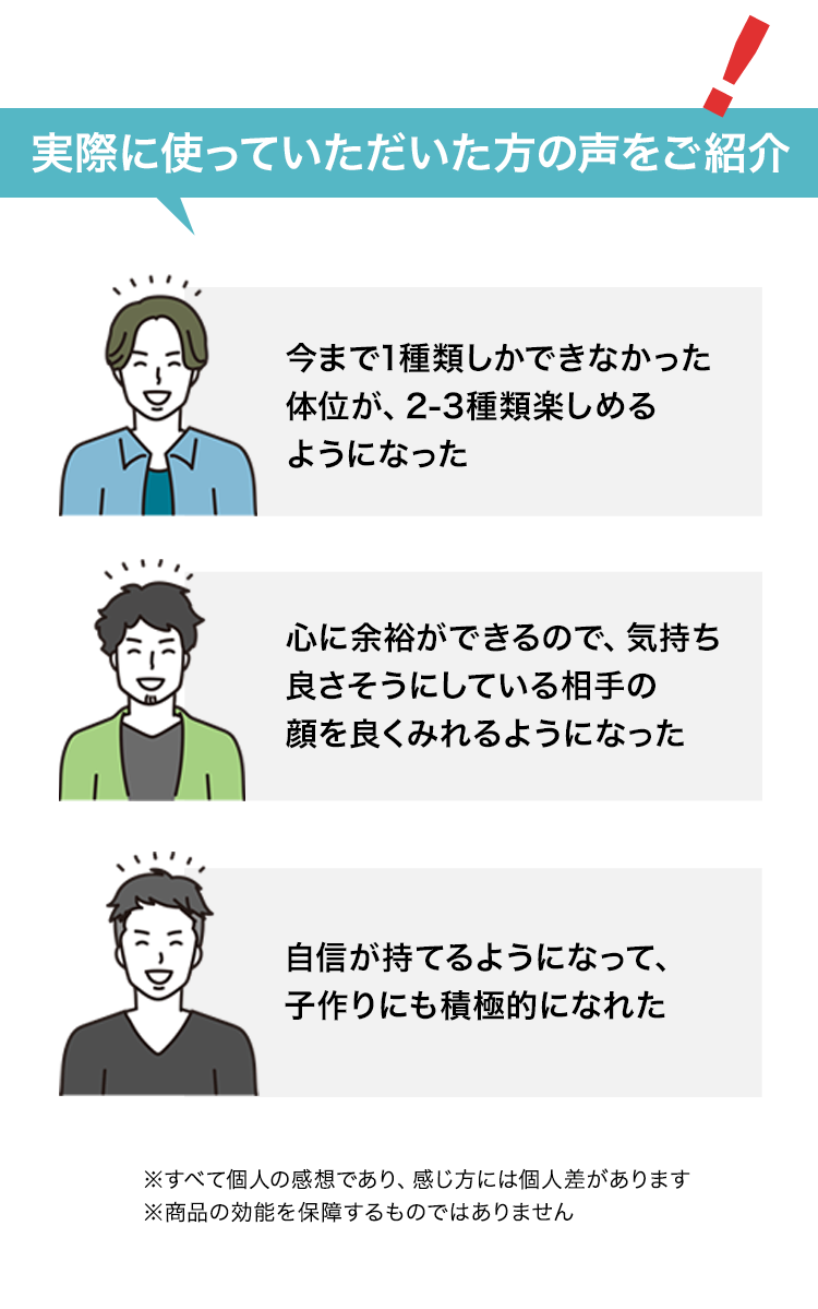 実際に使っていただいた方の声をご紹介：1種類しかできなかった体位が2-3種類楽しめるようになった・心に余裕ができるので、気持ちよさそうにしている相手の顔を良く見れるようになった・自信が持てるようになって、子作りにも積極的になれた