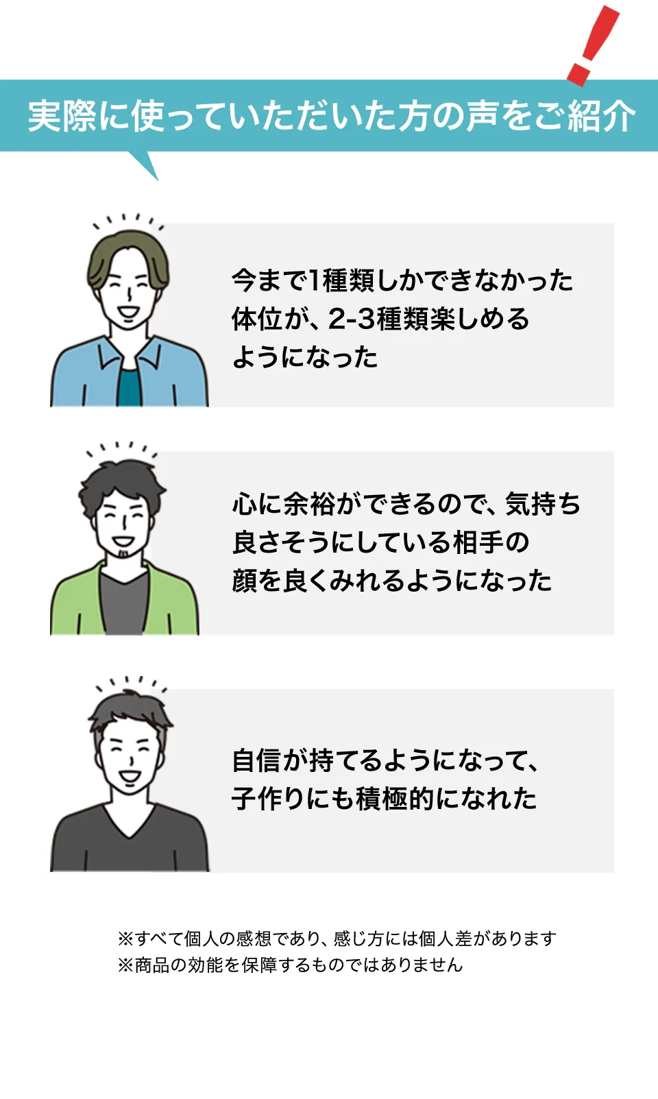 実際に使っていただいた方の声をご紹介：1種類しかできなかった体位が2-3種類楽しめるようになった・心に余裕ができるので、気持ちよさそうにしている相手の顔を良く見れるようになった・自信が持てるようになって、子作りにも積極的になれた