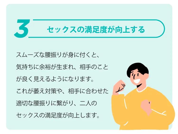 セックスの満足度が向上する |
            スムーズな腰振りが身に付くと、気持ちに余裕が生まれ、相手のことが良く見えるようになります。これが萎え対策や、相手に合わせた適切な腰振りに繋がり、二人のセックスの満足度が向上します。